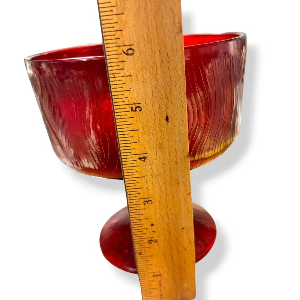 Hoosier Glass Ruby Red Wood Grain Pedestal Bowl Compote 4031 Vintage 6 Inch